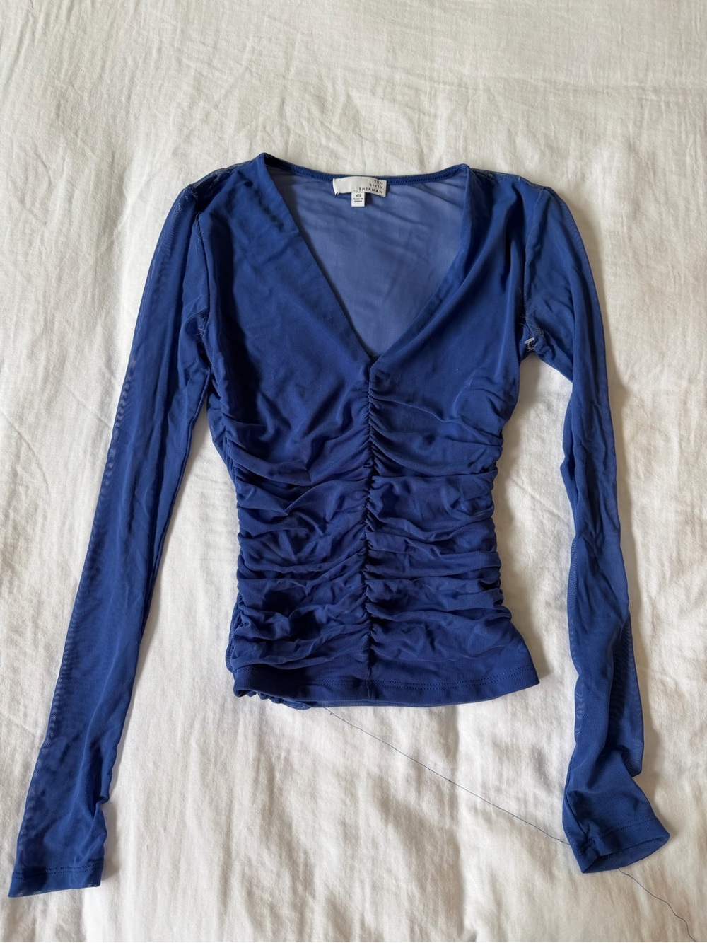 Ten Sixty Sherman Navy Ruched V-Neck Long Sleeve Top